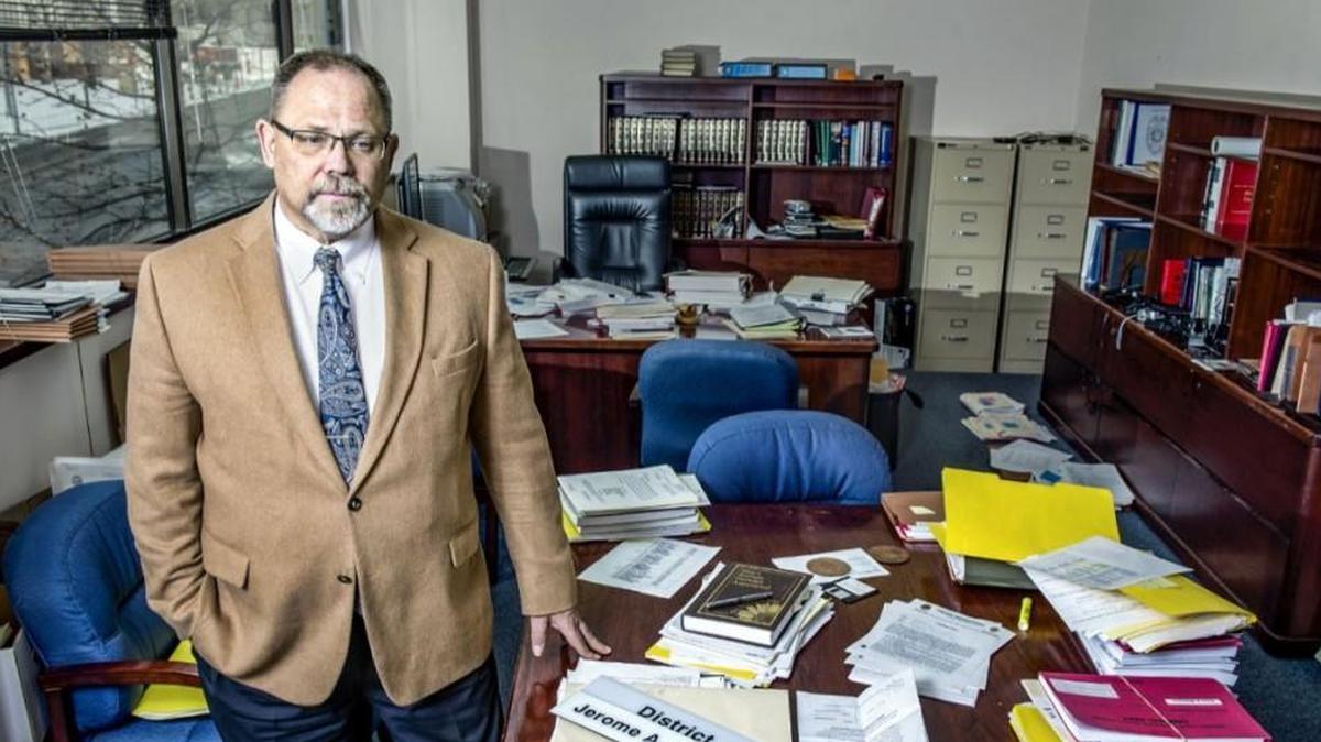 Jerome Gorman is pictured in January 2017, in the partially packed up office where he had served as Wyandotte County District Attorney until losing an election in 2016.
