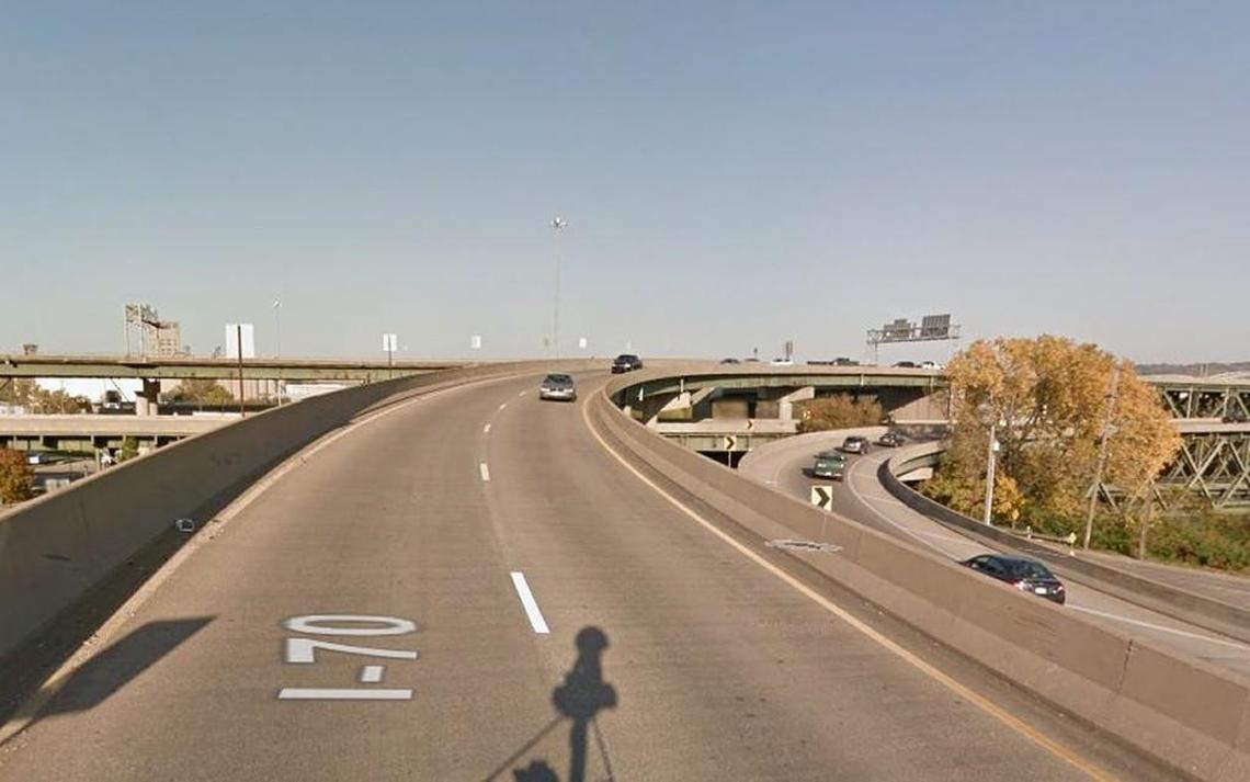 From the I-70 westbound curve, the eastbound curve can be seen.