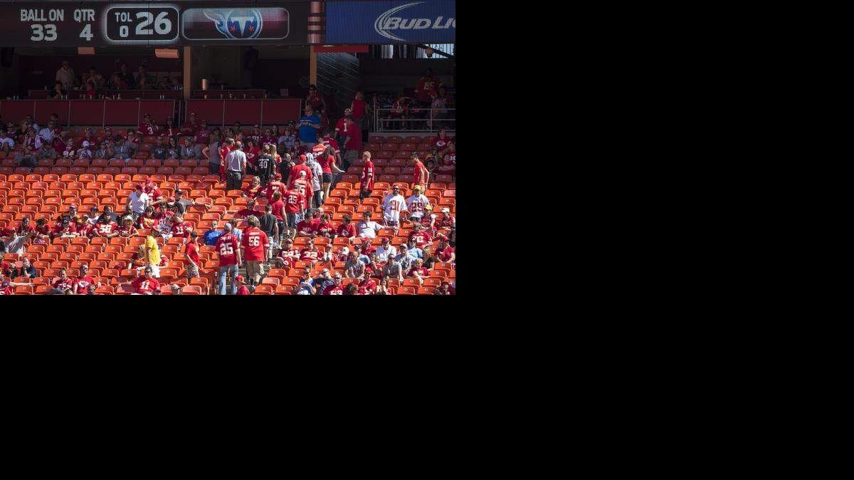 
Kansas City Chiefs fans left in the fourth quarter of the 2014 home opener against the Tennessee Titans at Arrowhead Stadium in Kansas City, Mo. on September 7, 2014. The Titans won, 26-10.
