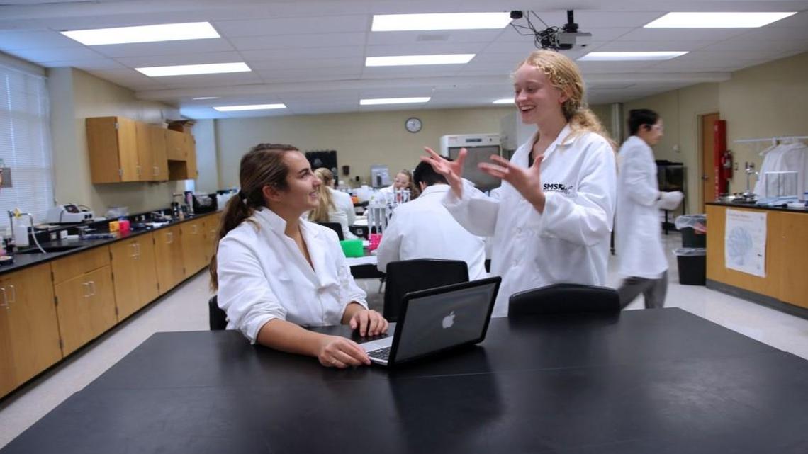 Shawnee Mission West High School rising senior Erin Smith (right) recently won the International BioGENEius Challenge for tools she built to better diagnose Parkinson’s disease. Smith studies biotechnology through one of the district’s “signature” programs.