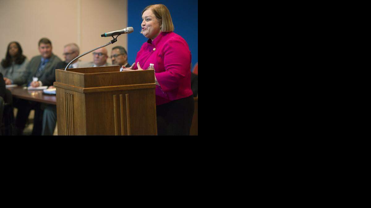 
Missouri Education Commissioner Chris Nicastro addressed members of the Kansas City school board during a meeting on Nov. 19. Nicastro, who has been head of the state Department of Elementary and Secondary Education since 2009, announced her resignation from the post in September. On Monday, the state school board released the names of five finalists to replace her.
