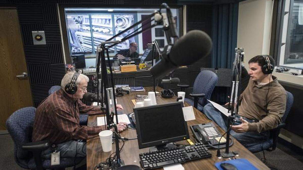 
News anchor Reed Black (left) and Keith Goble, state legislature editor for Land Line Magazine, record segments of “Land Line Now.” 
