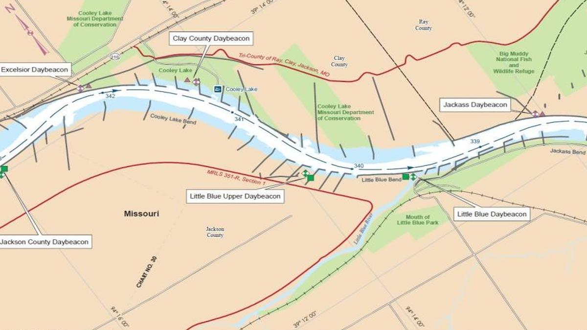 This U.S. Army Corps of Engineers map page shows Missouri River mile marker 341, which is near Cooley Lake Conservation Area, or about three miles downstream from Missouri City.