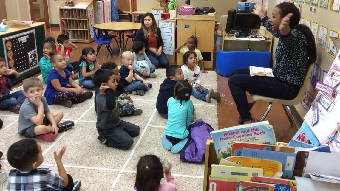 In a prekindergarten class at Skelly Elementary School in Tulsa, Okla., 4-year-olds listened to Ama Debra tell a story.