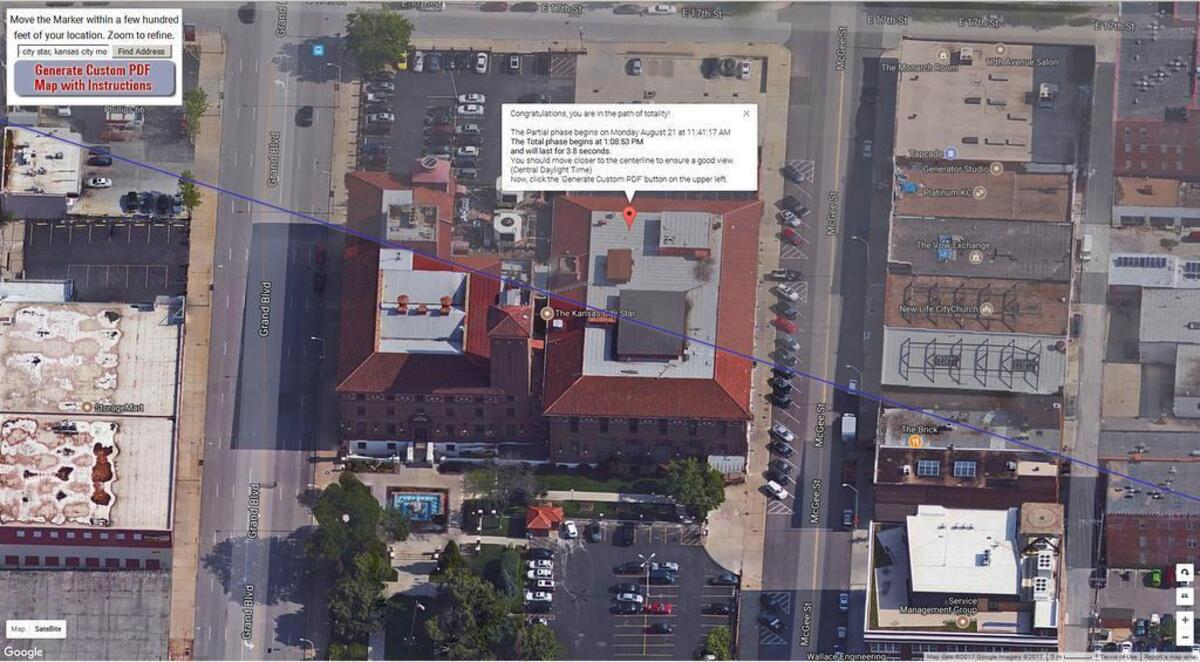 The north part of The Star’s building is within the eclipse’s path of totality. The southern part of the building is not.