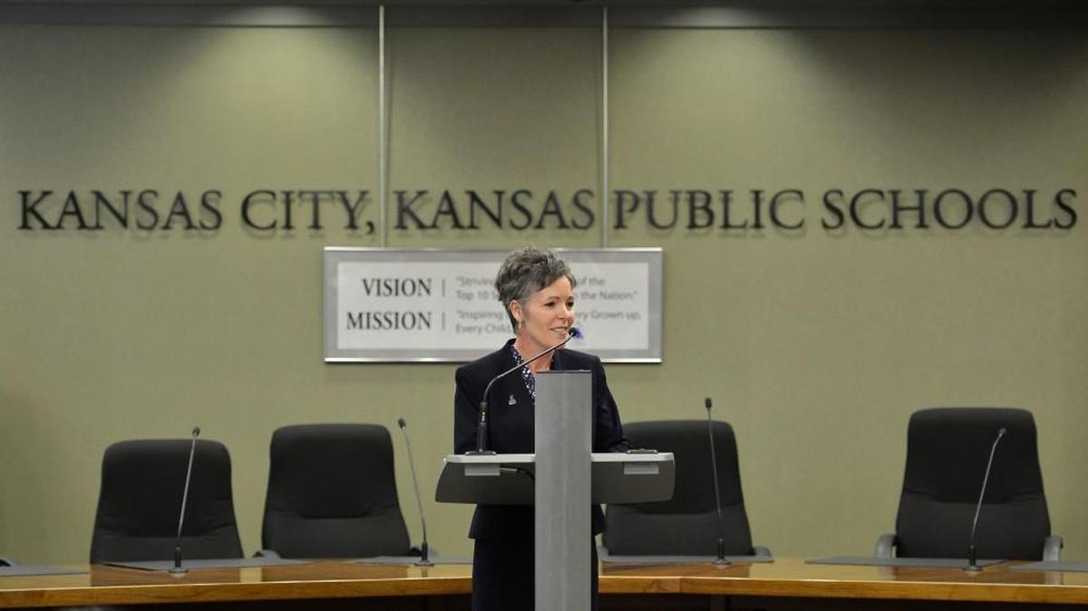 Kansas City Kansas Public Schools Superintendent Cynthia Lane discusses a Kansas Supreme Court ruling with staff and high school students in March 2014. The court upheld the original decision in Shawnee County District Court that the levels of school funding was unconstitutional and inequitable.