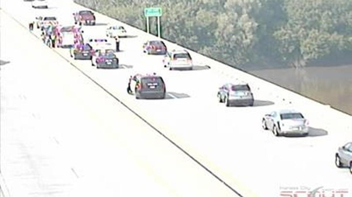 Traffic stalled after a wreck Saturday on Interstate 635 near Kansas 5.