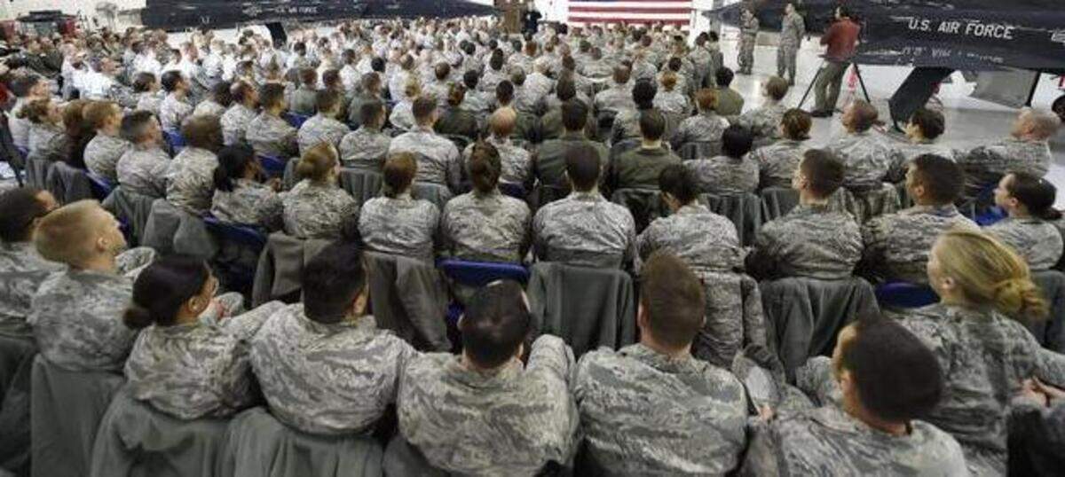 
Troops assembled at Whiteman Air Force Base earlier this year to listen to then-Secretary of Defense Chuck Hagel. 

