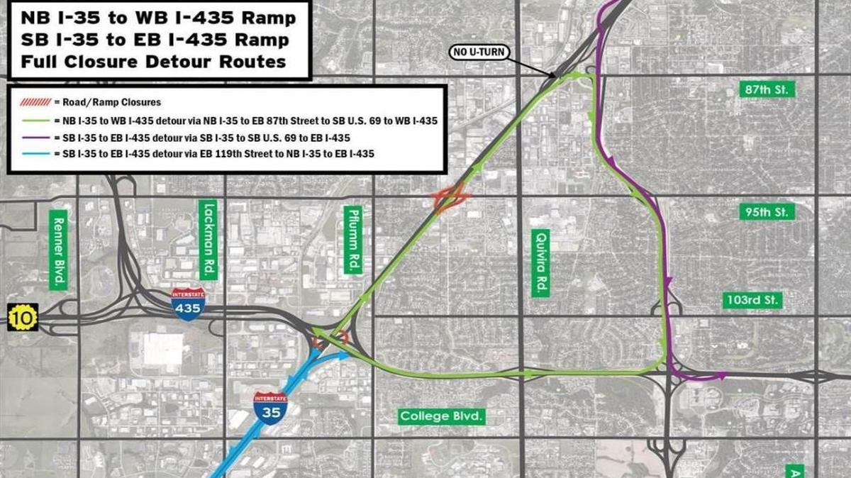 A map from the Kansas Department of Transportation shows detour routes to be used while two ramps from Interstate 35 to Interstate 435 are closed for long-term pavement projects in Johnson County.
