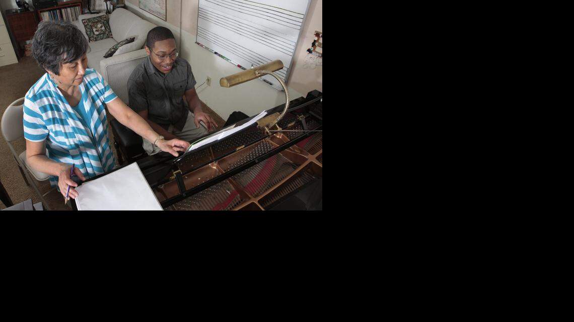 
Self-taught pianist Charles Askew, 17, has just started lessons with piano teacher Joyce Berg. She says an original piece he wrote, “Tempestuous Wait,” is “stunning.” Charles taught himself to use a complex music notation software in its composition.
