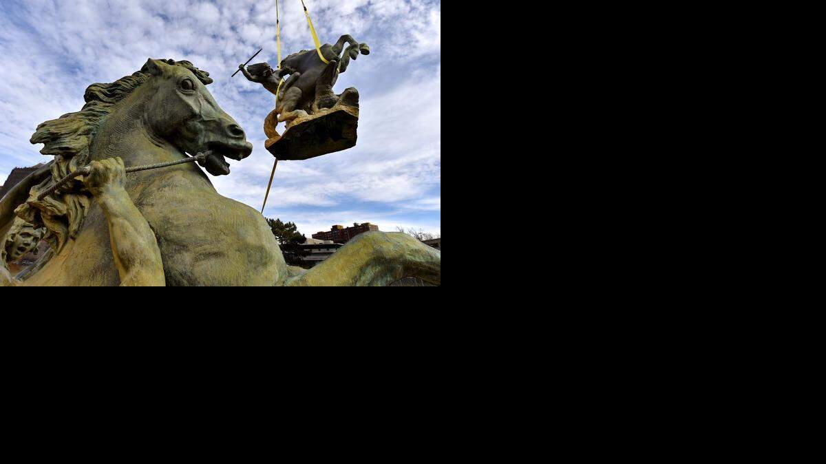 
The J.C. Nichols Memorial Fountain is undergoing major renovation this winter. Crews from Artworks of Kansas City and Belger Cartage Service, Inc., completed the work, which involved removing the four large sculptures Wednesday afternoon on the Country Club Plaza. In addition to the restoration of the sculptures, the fountain interior will be repaired, and a waterproof coating applied. Damaged coping stones around the fountain will also be replaced. The fountain, which was dedicated in 1960, will be unveiled on Fountain Day, April 14, 2015.
