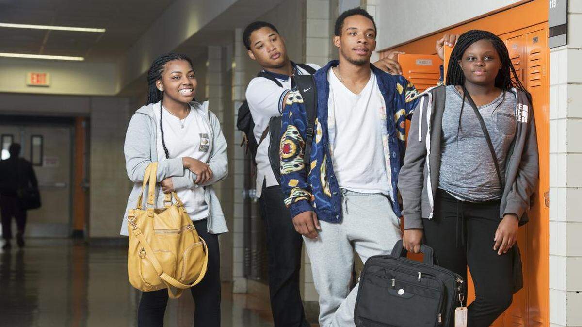 
These four students at Kansas City’s Southwest Early College Campus school talk about their school and changes in the school district. At one point, a plan to give control of Southwest to the charter Academie Lafayette threatened to relocate these juniors for their senior year. From left are Chrishianna Jackson, 17; L.C. Burton, 17; Howard Rice, 16; and Nyla Brown. The school is at 6512 Wornall Road in Kansas City. 

