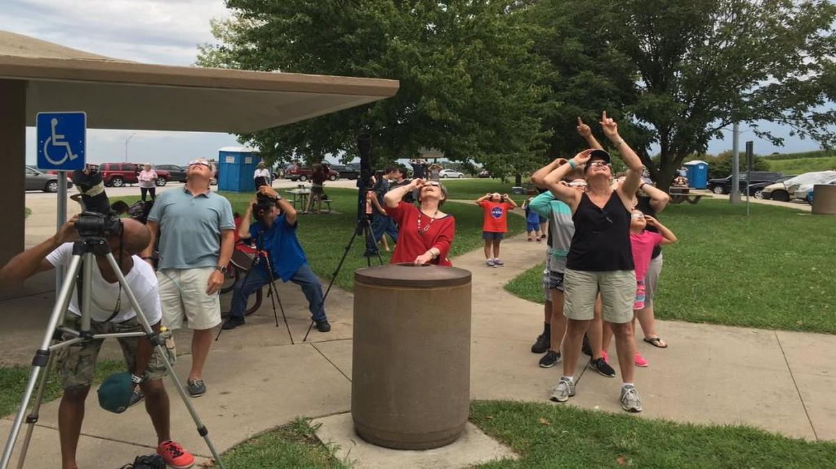 Hundreds gathered at the Dearborn rest area on Interstate 29 about 20 miles south of St. Joseph for the eclipse, but clouds blocked their view at the moment of totality.