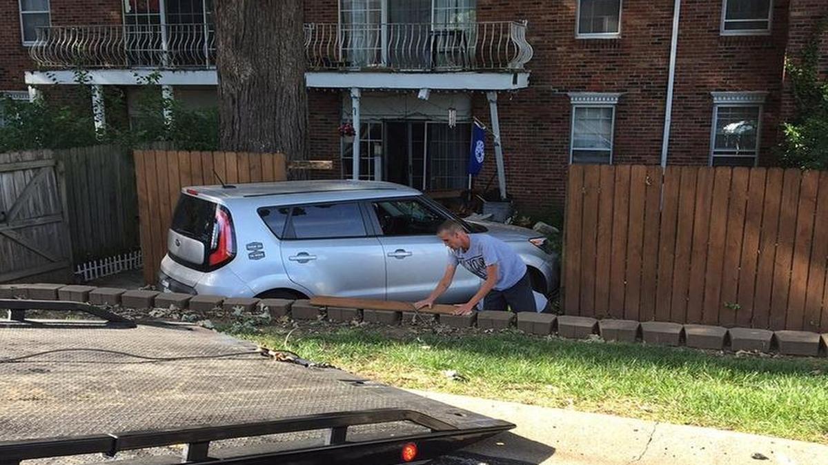 No one was injured Thursday morning when a car ran into an apartment building in Merriam.