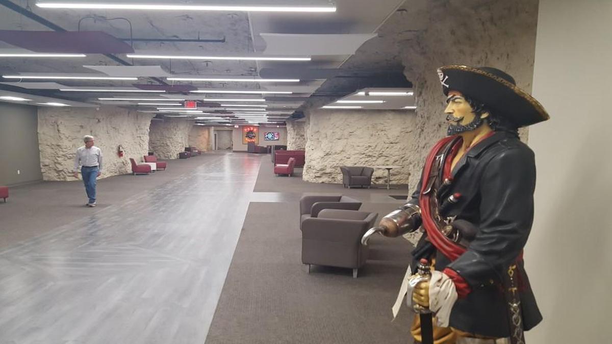 A statue representing the Park University Pirates stands in the hallway of the college’s “academic underground.”