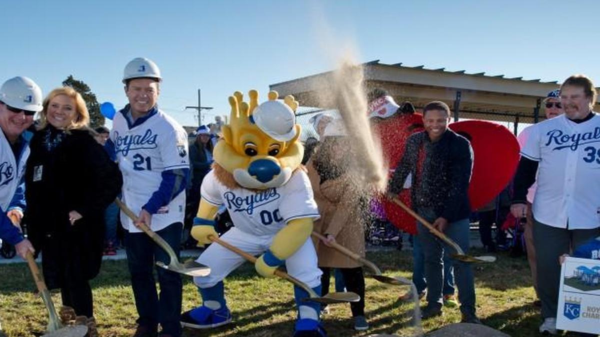Royals mascot Sluggerrr, former Royals players and representatives of Variety Kansas City held a groundbreaking for an inclusive playground on Friday next to the Miracle League Field at the College Boulevard Activity Center in Olathe.