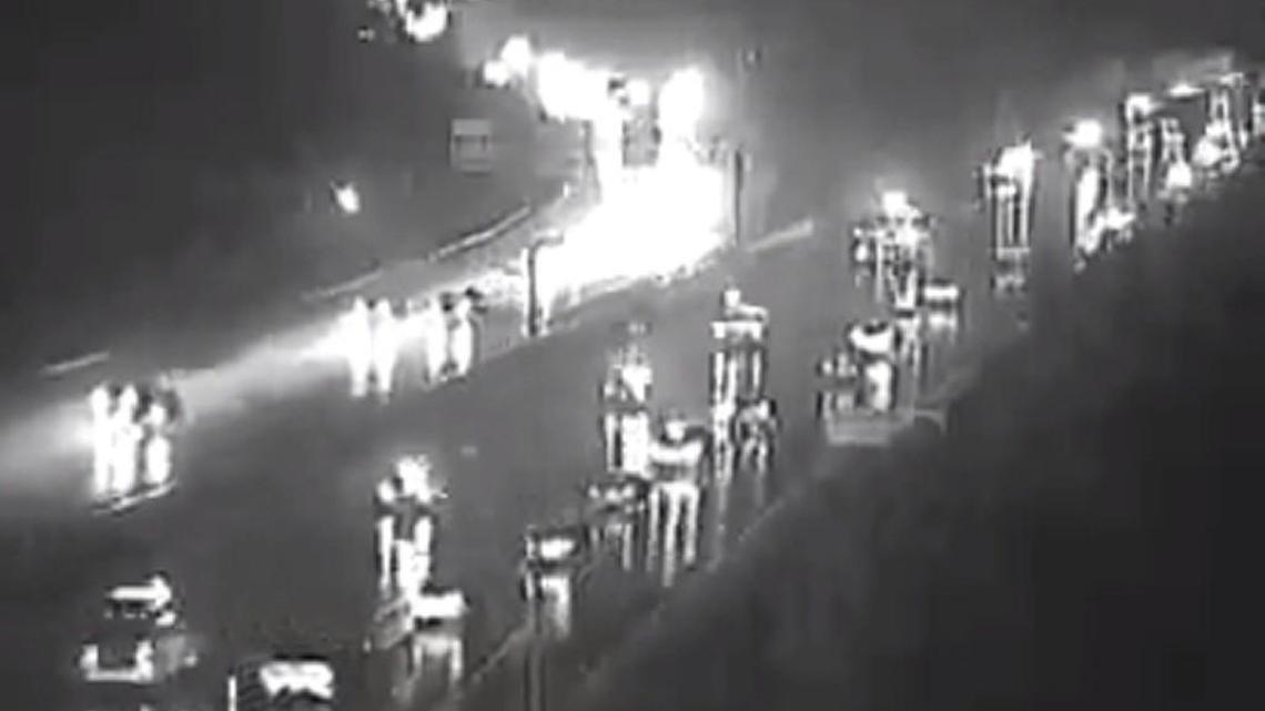 More than a dozen cars on southbound Interstate 29 got flattened tires after a crash along northbound I-29 near U.S. 169 sent debris across the roadway.