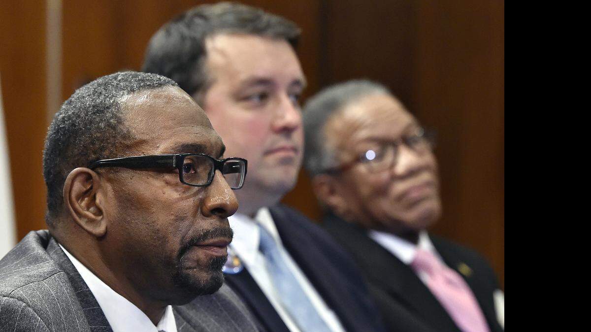 Kansas City Public Schools Superintendent Steve Green (left) talked about his departure for the top job in DeKalb County, an Atlanta-area district, in a press conference at the district offices Wednesday, May 13, 2015.  Green's children and grandchildren live in the Atlanta area.  Beside Green are Jon Hile (center) school board president and Curtis Rogers, board member.