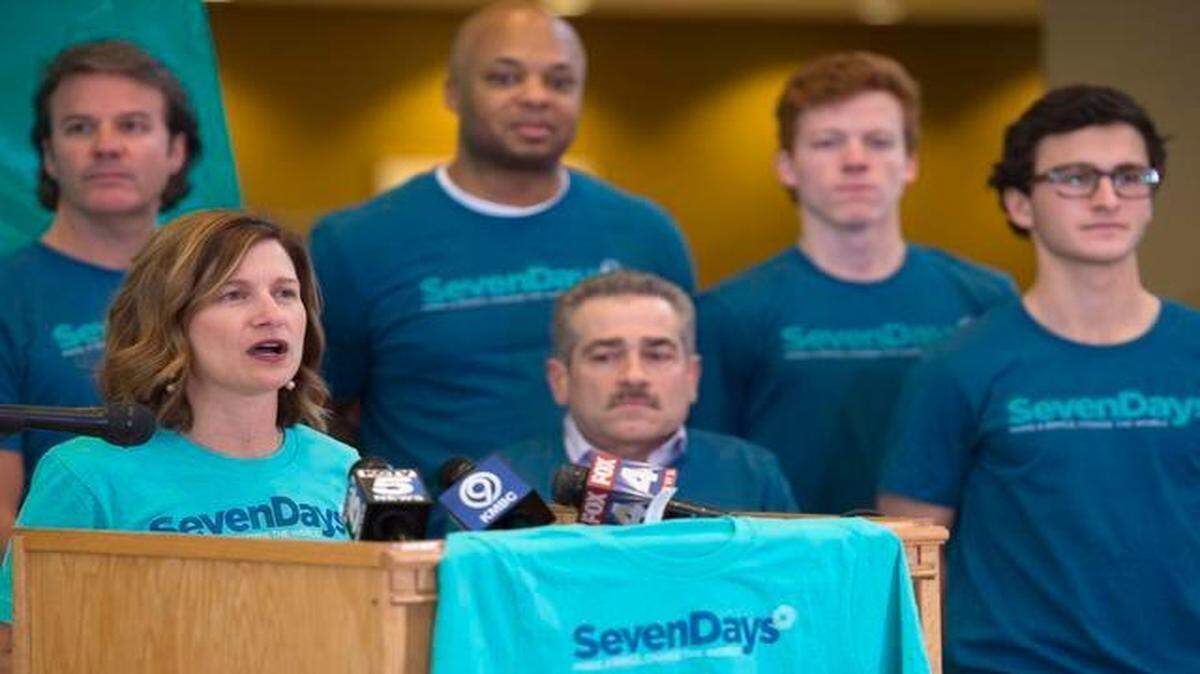 
Mindy Corporon spoke Tuesday at a news conference at the Church of the Resurrection in Leawood about SevenDays: Make a Ripple, Change The World. Among those joining her were Jim LaManno (front row center) and Lovell Holloway (back row, second from left) of Racial and Religious Acceptance and Cultural Equality. Corporon’s son, Reat Underwood, and her father, William Corporon, were killed outside the Jewish Community Center on April 13, 2014. LaManno’s wife, Terri, was killed outside Village Shalom
