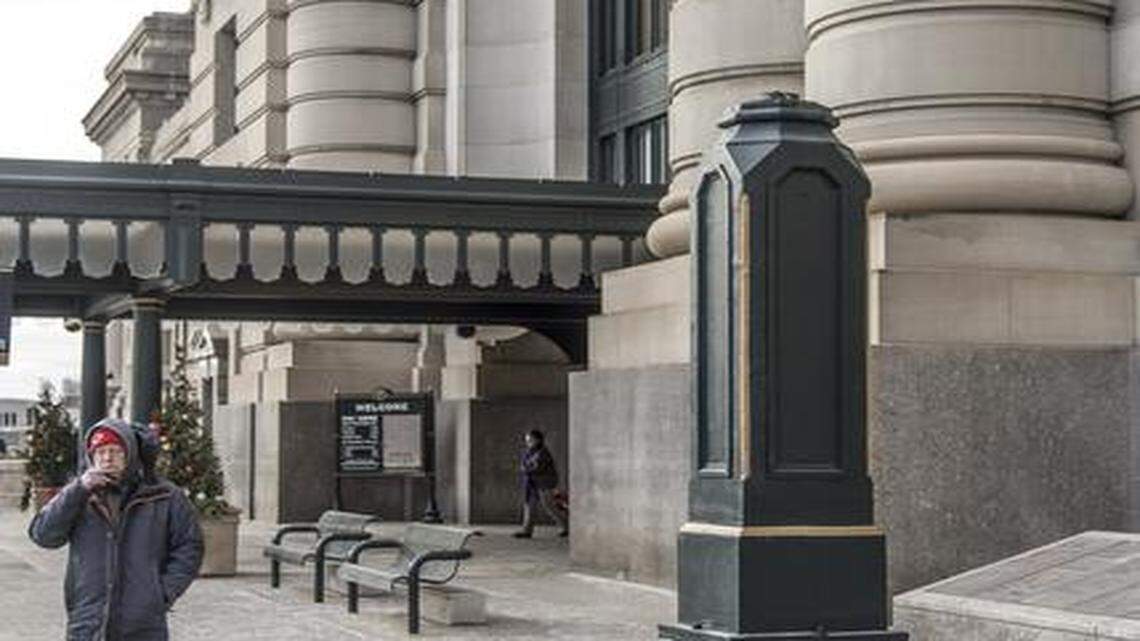 
The pedestal outside Union Station was clockless Thursday after the timepiece suddenly fell from its perch about 2 p.m.
