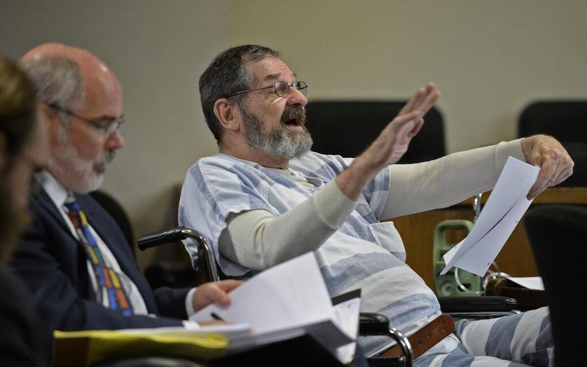 
F. Glenn Miller Jr., who appeared Friday in Johnson County District Court in Olathe for a pretrial hearing, said he plans to contact people who have been outspoken about Jewish issues and ask them to testify. He is representing himself in his murder trial in the shooting deaths of three people outside Jewish facilities in Overland Park last year. Martin Warhurst (left), Miller's standby counsel, was on hand Friday.


