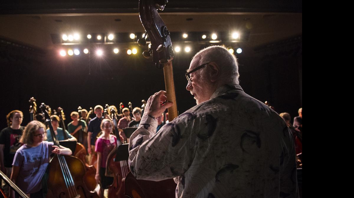 
Francois Rabbath, an internationally revered double bass player, taught a workshop class to fifty students at Shawnee Mission North on Friday on the opening day of the Sixth Annual KC Bass Workshop, continuing through Tuesday.
