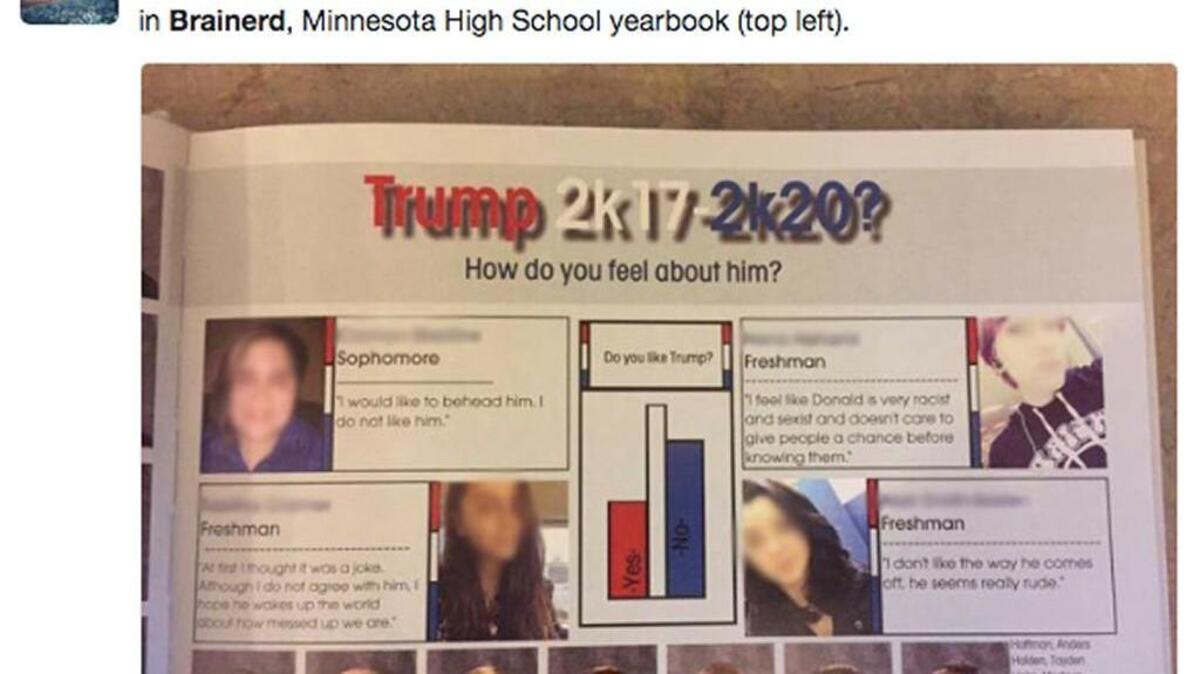 A Minnesota high school is investigating how an inflammatory quote about the president ended up in its yearbook.