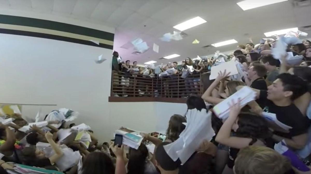A group of high school seniors in Arizona threw their homework, English papers and other schoolwork away, down a school stairwell, creating a blizzard of paper.