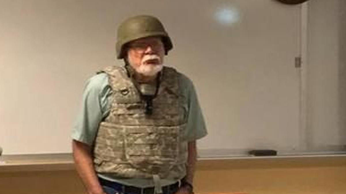 Charles K. Smith, a geography instructor at San Antonio College in Texas, wore protective gear to class to protest the state’s new Campus Carry law.