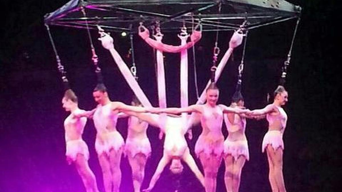 
In this May 2, 2014, file photo provided by Frank Caprio, performers hang during an aerial hair-hanging stunt at the Ringling Bros. and Barnum & Bailey Circus in Providence, R.I. 
