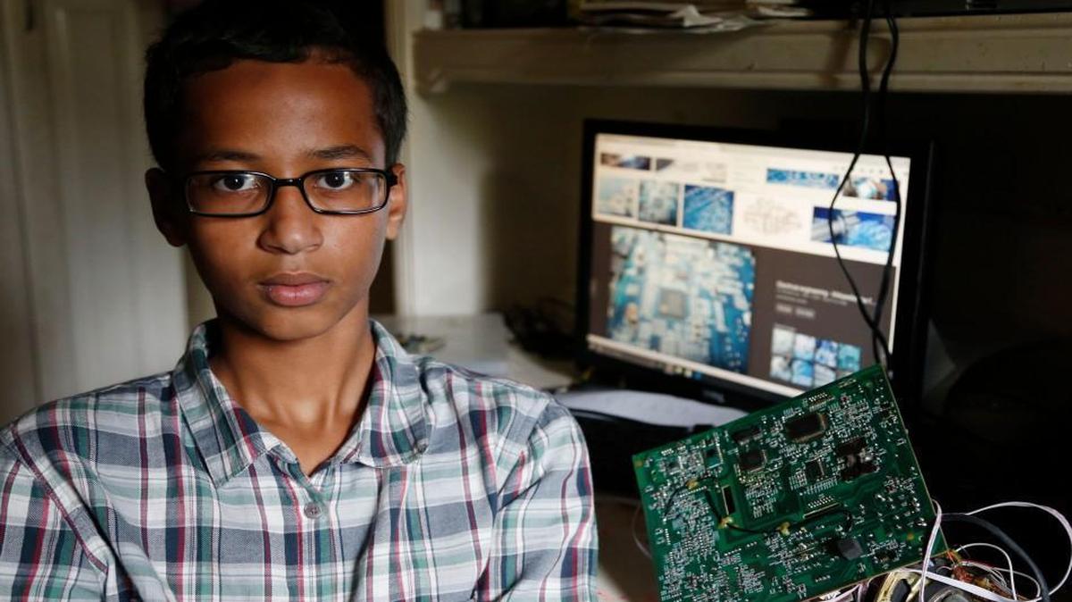 
Irving MacArthur High School student Ahmed Mohamed, 14, posed for a photo at his home in Irving, Texas, on Tuesday. Mohamed was arrested and interrogated by Irving police officers on Monday after bringing a homemade clock to school. 
