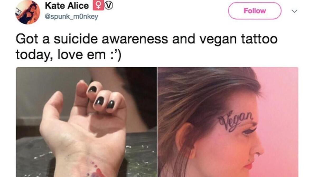 If you get the word “Vegan” tattooed in bold letters on your forehead you are bound to get some public comment, British woman Kate Bullen has discovered.