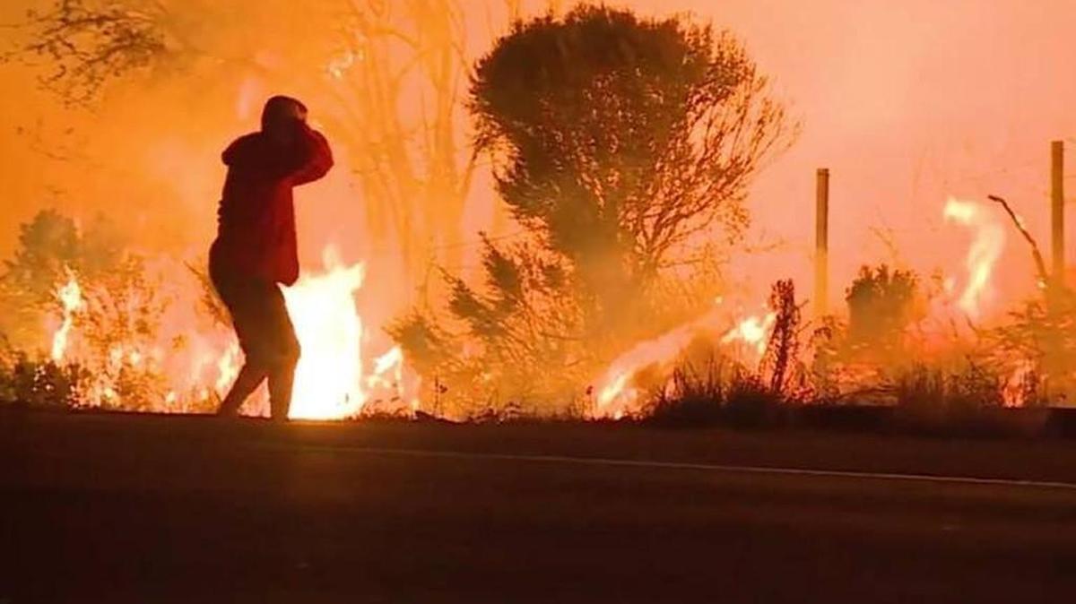 Witnesses say this man pulled off to save a wild rabbit from intense flames along Hwy. 1 in Southern California as the massive wildfires spread toward Santa Barbara County.