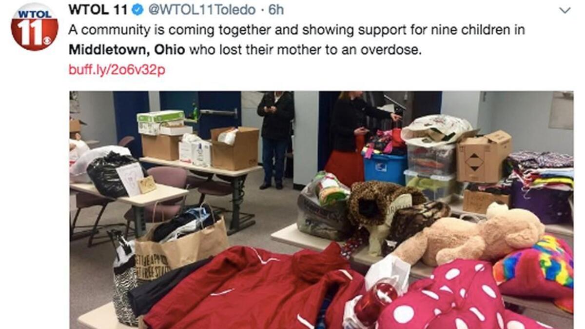 Police and residents of an Ohio community have rallied around nine children whose mother died of a heroin overdose this week. The outpouring of support for the kids has overwhelmed the police.