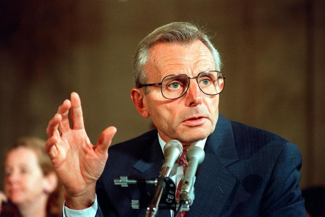 In this July 13, 1988, file photo, U.S. Defense Secretary Frank Carlucci testified before the Senate Armed Services Committee on Capitol Hill.