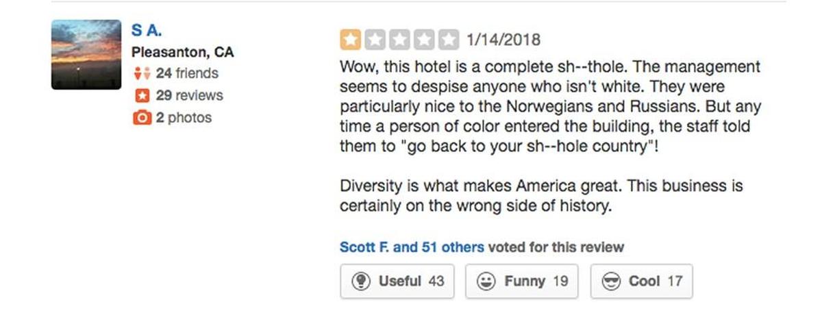 A Yelp review for Trump International in Las Vegas.