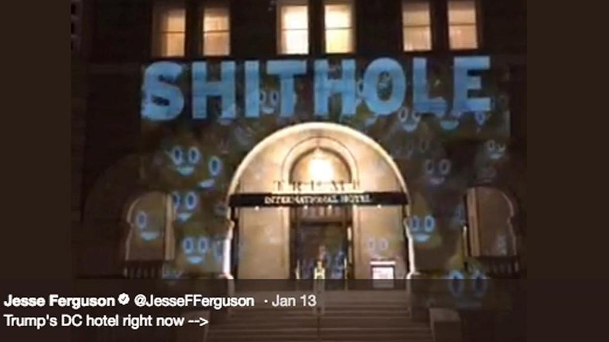 On Saturday, protesters projected the word “shithole” on the Trump hotel in Washington, D.C. Critics of President Trump’s reported statement calling African nations “shitholes” have bombed Yelp rating pages for Trump hotels and resorts with unflattering reviews.