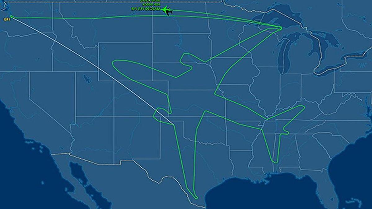 A Boeing 787 Dreamliner took off from Seattle late Wednesday and few a path across the skies of the United States that created a giant outline of the plane itself.