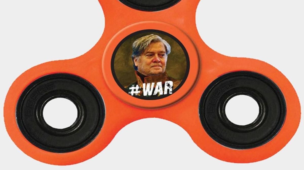 The store on Breitbart.com is selling fidget spinners with Steve Bannon’s picture.