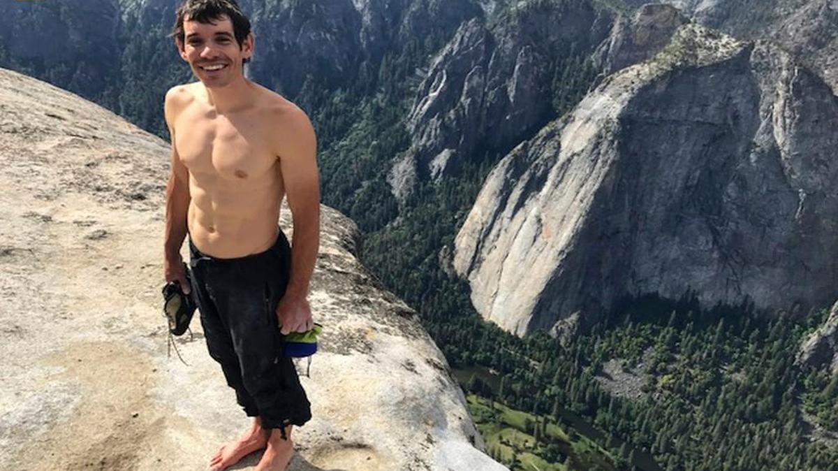 This June 3, 2017, photo provided by National Geographic shows Alex Honnold atop El Capitan in Yosemite National Park, Calif., after he became the first person to climb alone to the top of the massive granite wall without ropes or safety gear.