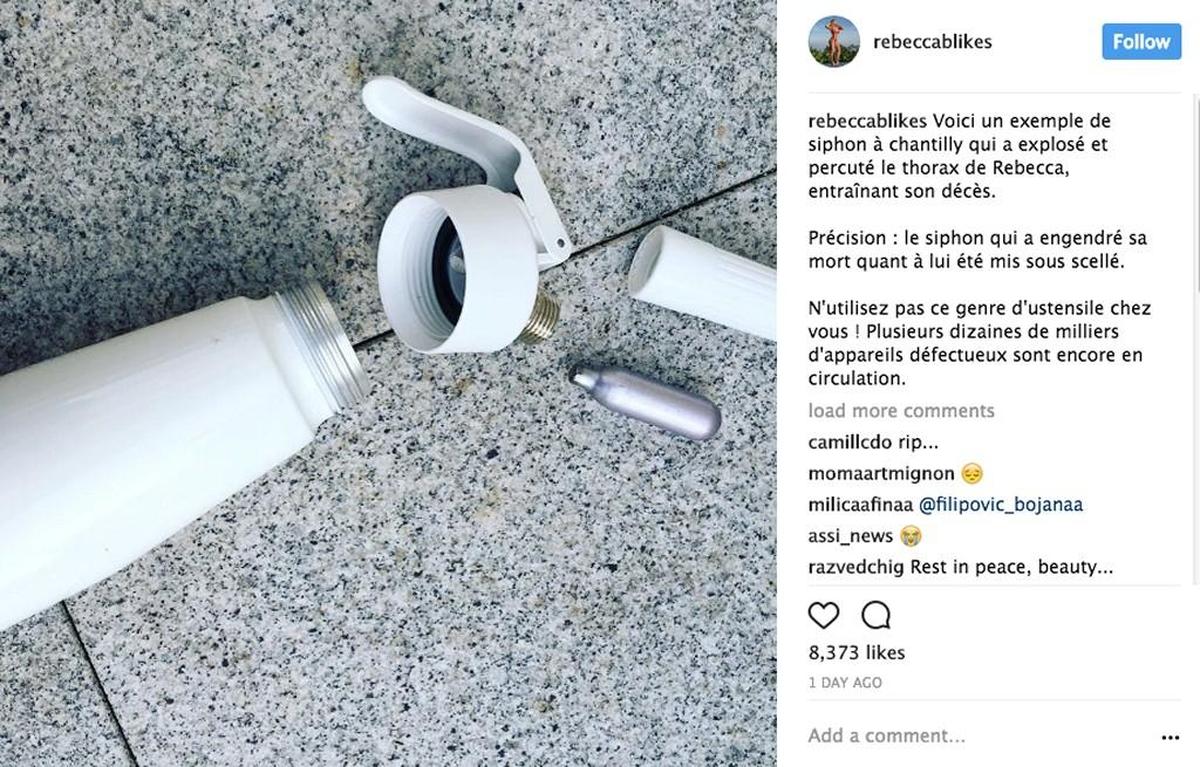 The family of Rebecca Burger, a popular fitness and travel blogger in France, issued a warning about whipped cream dispensers after a freak accident involving one killed Burger over the weekend.