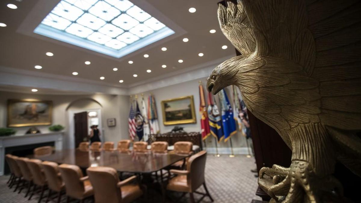 A statue of an eagle is seen in the newly renovated Roosevelt Room of the White House this week during a media tour. The golden eagle is one of the new decorations added to the West Wing as part of a recent update designed to improve the space for staff and visitors.