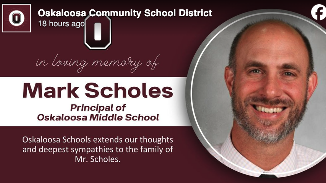 Mark Scholes, the principal of Oskaloosa Middle School in Iowa, drowned in a Michigan lake.