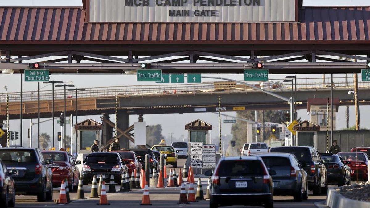 
The main gate of Camp Pendleton Marine Base at Camp Pendleton, Calif. 
