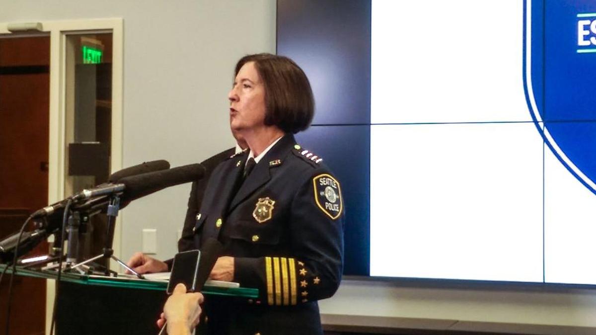 Seattle Police Chief Kathleen O’Toole speaks to reporters during a news conference Monday