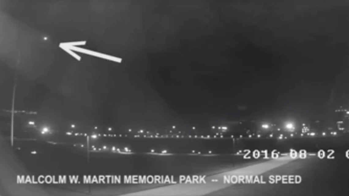 Surveillance camera footage at Malcolm W. Martin Memorial Park captured an unexplained light in the sky on Tuesday near the Gateway Arch in St. Louis.