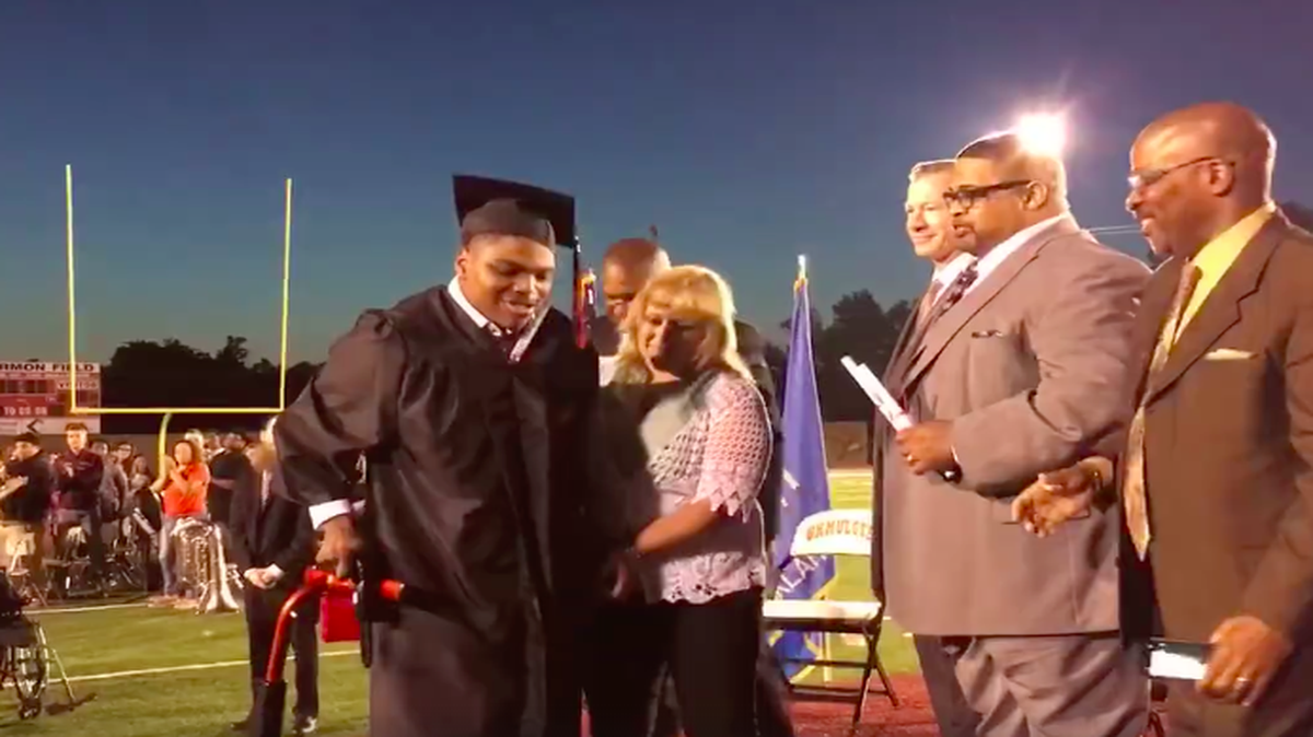 Oklahoma high-schooler Micah McDade put in long hours to prepare a secret for his fellow grads last week: He walked for the first time in public.