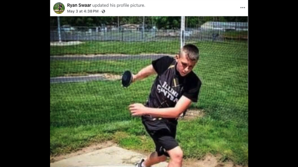 Parker Swaar, an eighth-grade track and field athlete, was struck in the head with a shot put during a meet in Illinois, his father said.