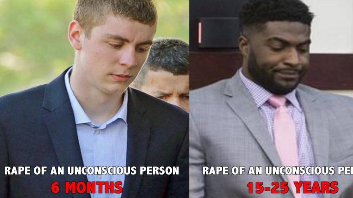 This Facebook meme comparing Stanford swimmer Brock Turner to Vanderbilt football player Cory Batey, both convicted for sexual assault, has ignited passionate debate over how black and white people are treated by the courts.