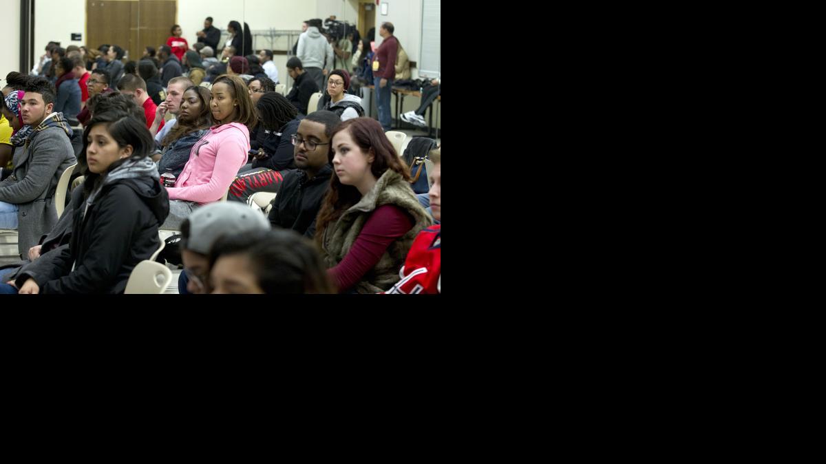 
University of Maryland students listen to speakers during a town hall meeting about racism in universities and what can be done to stop it, at University of Maryland in College Park, Md. 

